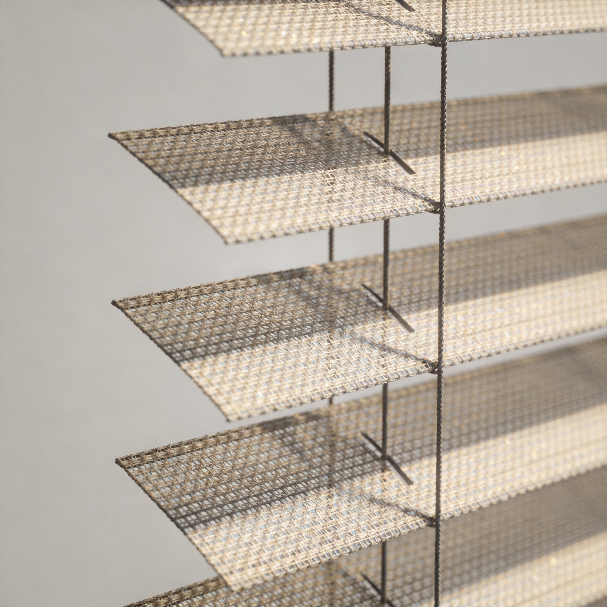 Modern living room with 3D mesh blinds filtering sunlight