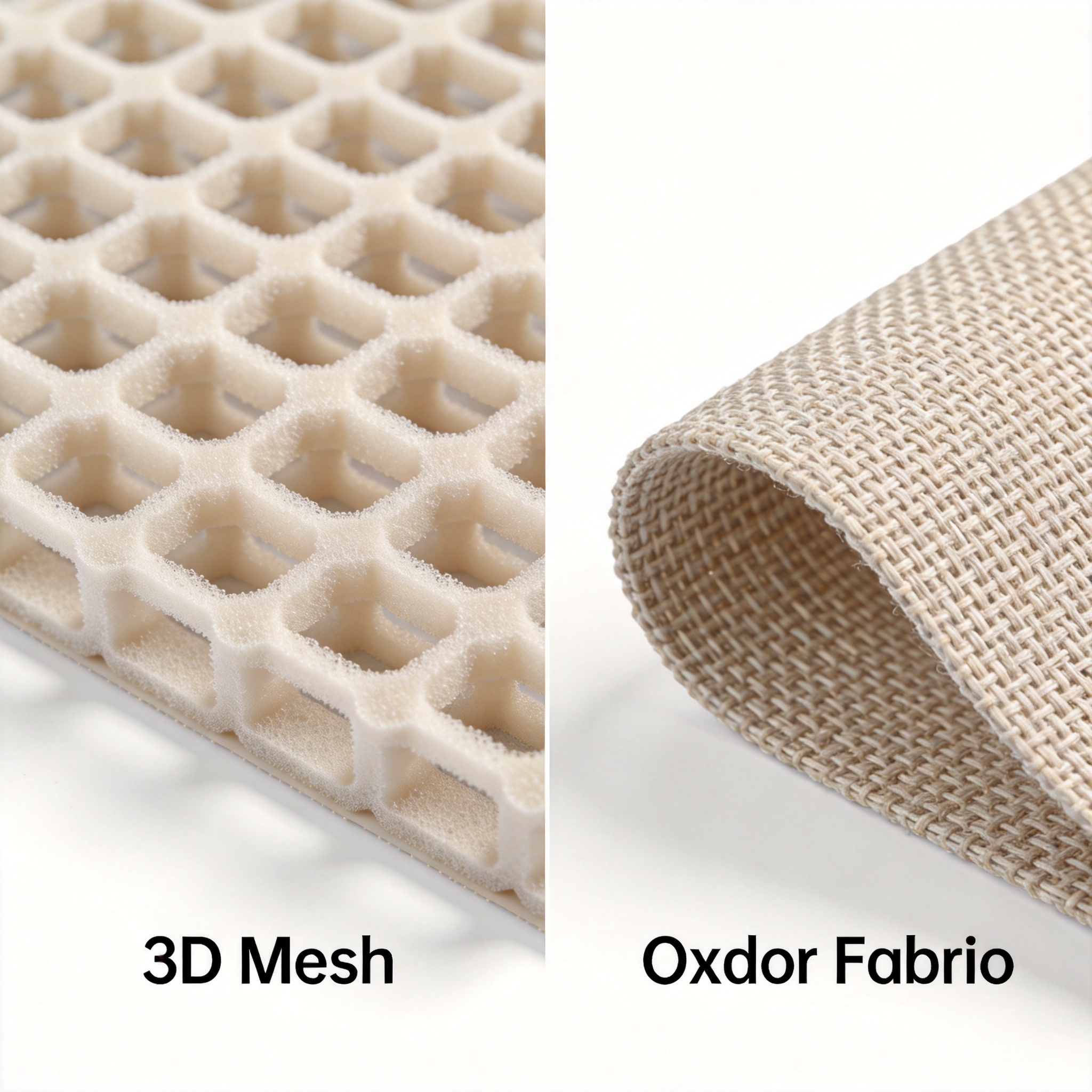 Close-up comparison of 3D mesh and Oxford fabric weave structures under magnification
