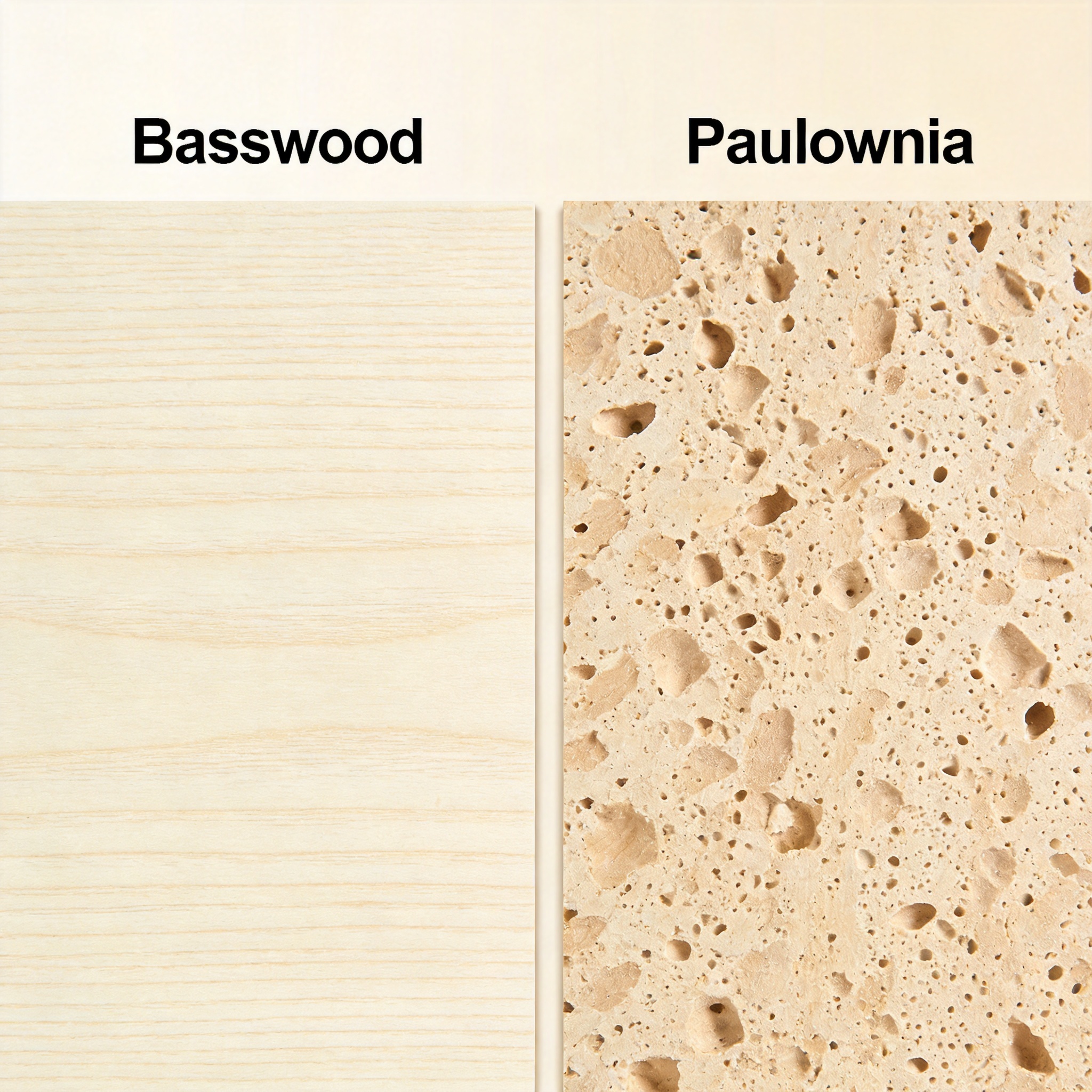 Close-up of raw basswood and paulownia wood planks showing grain differences