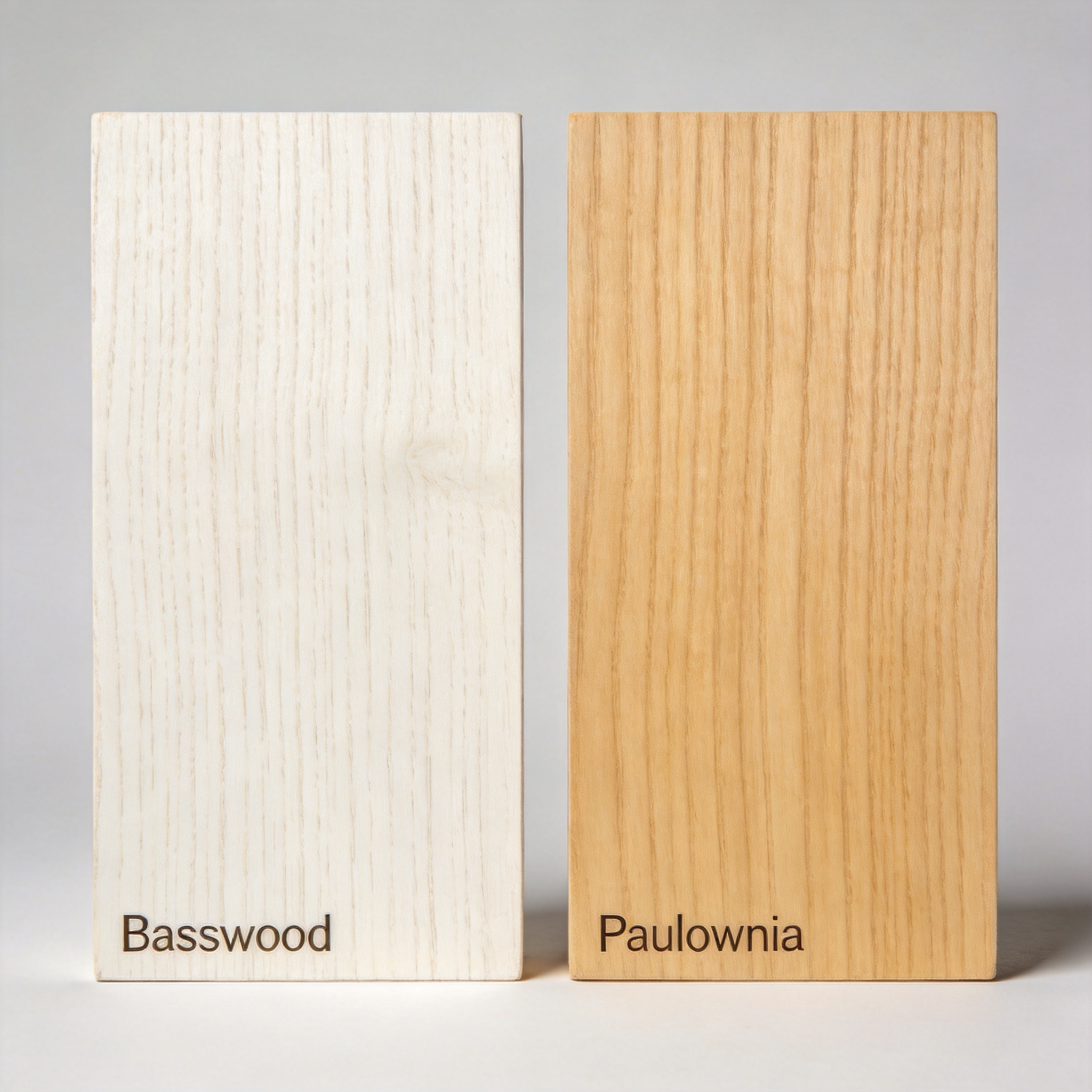 Digital scale weighing a small block of basswood versus paulownia