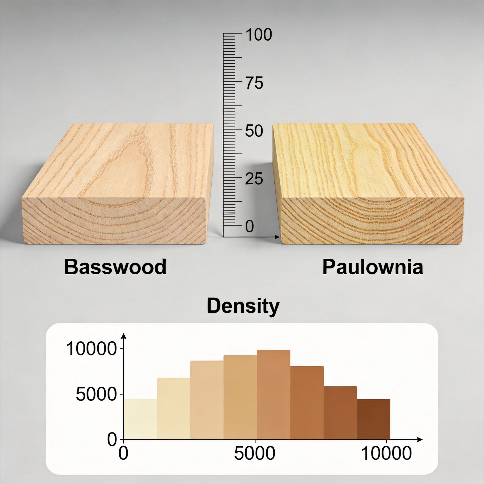 Hand holding a basswood board and a paulownia board showing resistance to bending