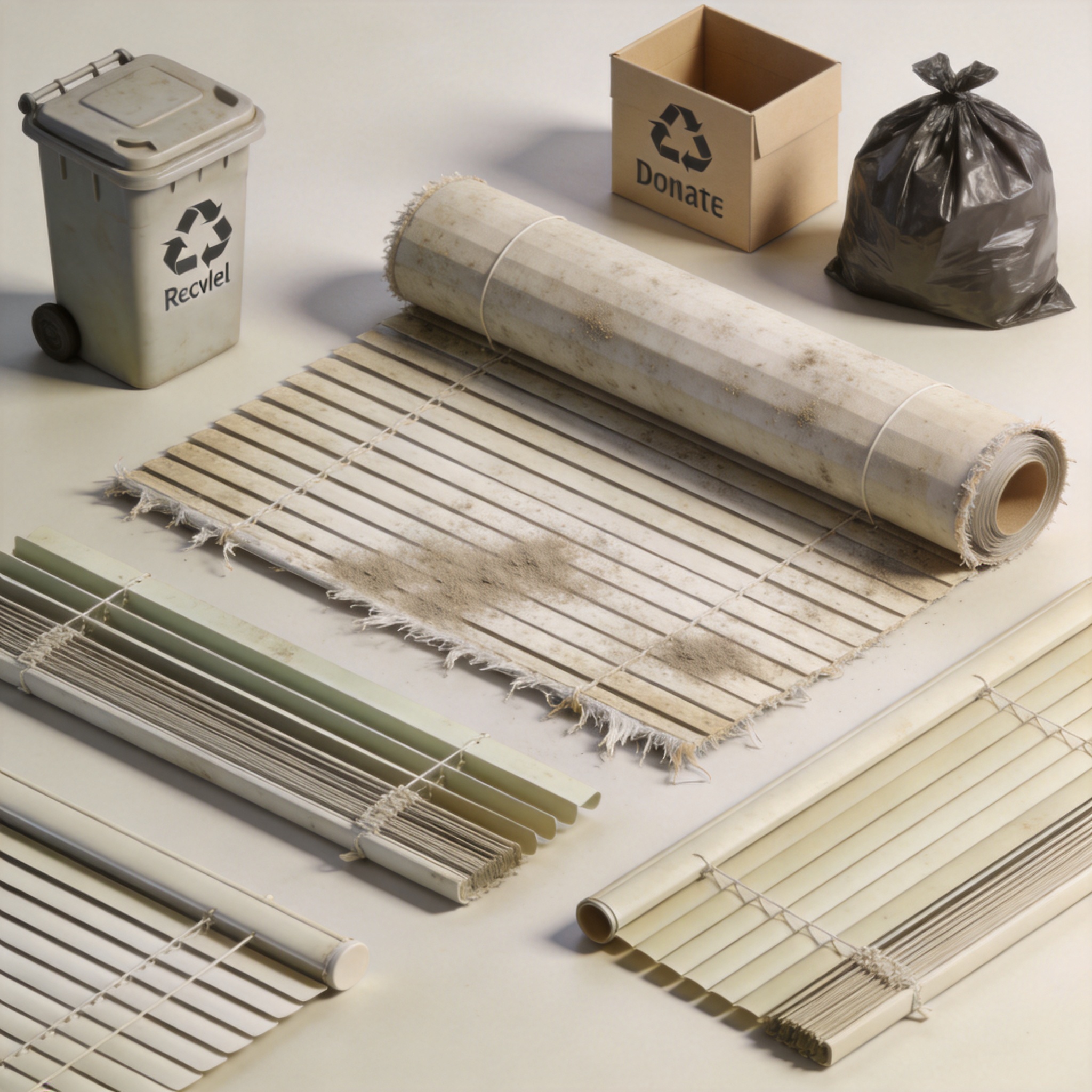 Pile of old blinds next to a recycling bin