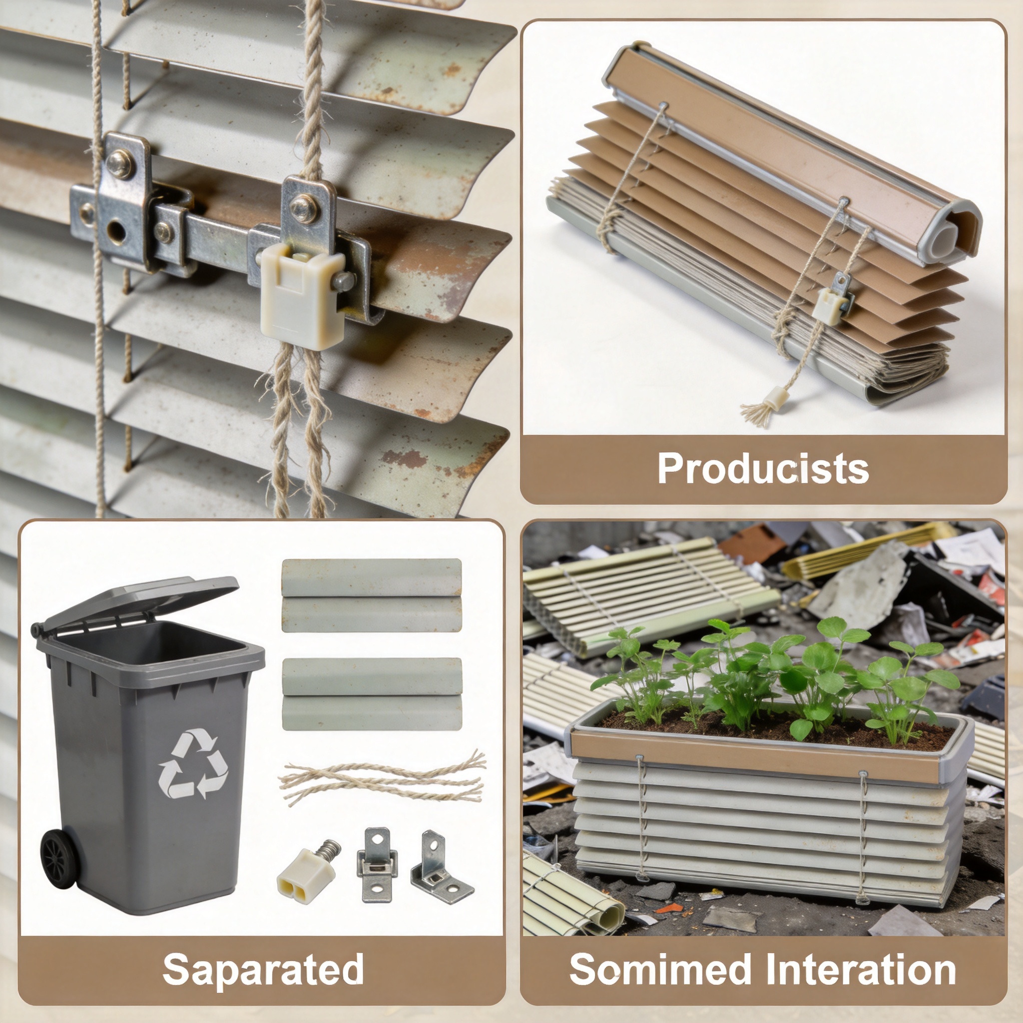 Close-up of different blind materials: aluminum, wood, fabric, and PVC