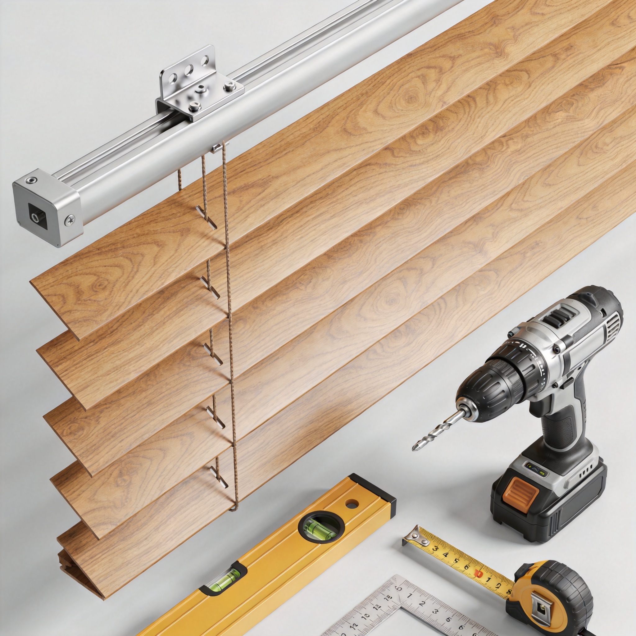 Tools needed for installing wooden blinds including drill, screwdriver, and level