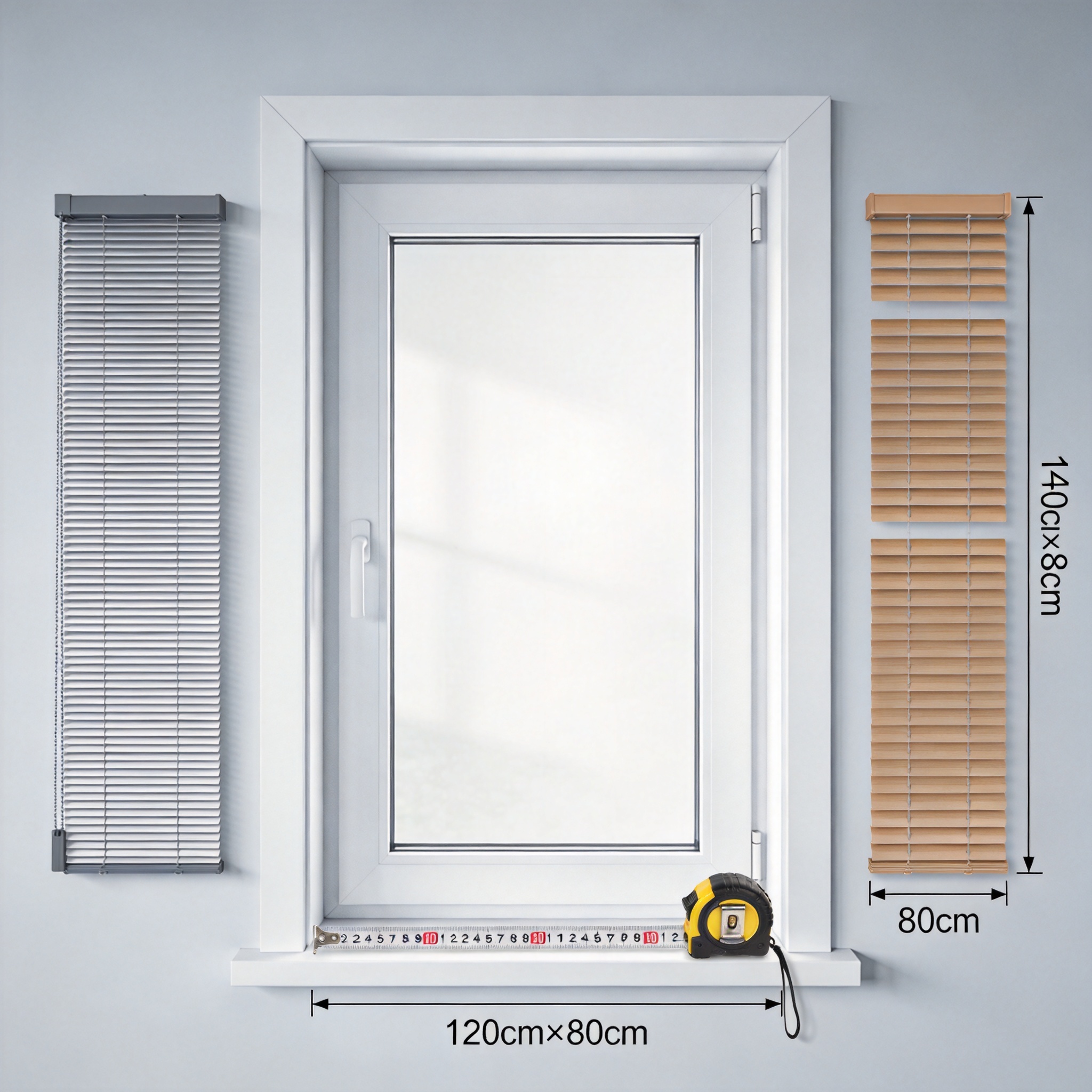 Steel measuring tape, pencil, and notepad on a windowsill