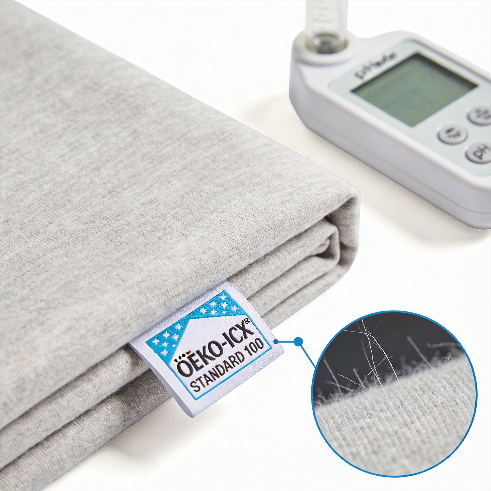 Importer inspecting fabric sample with OEKO-TEX certificate