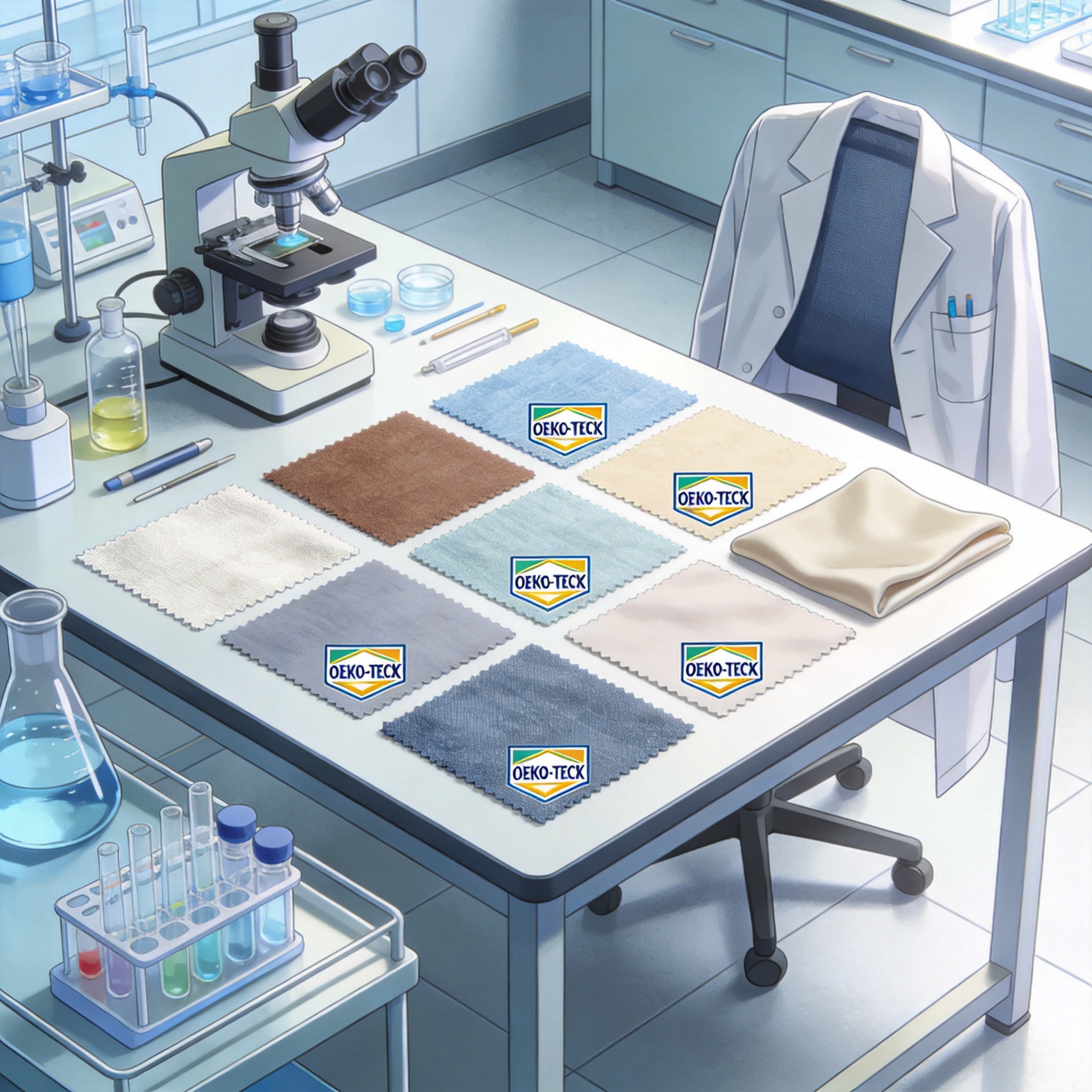 Lab technician testing fabric sample with scientific equipment