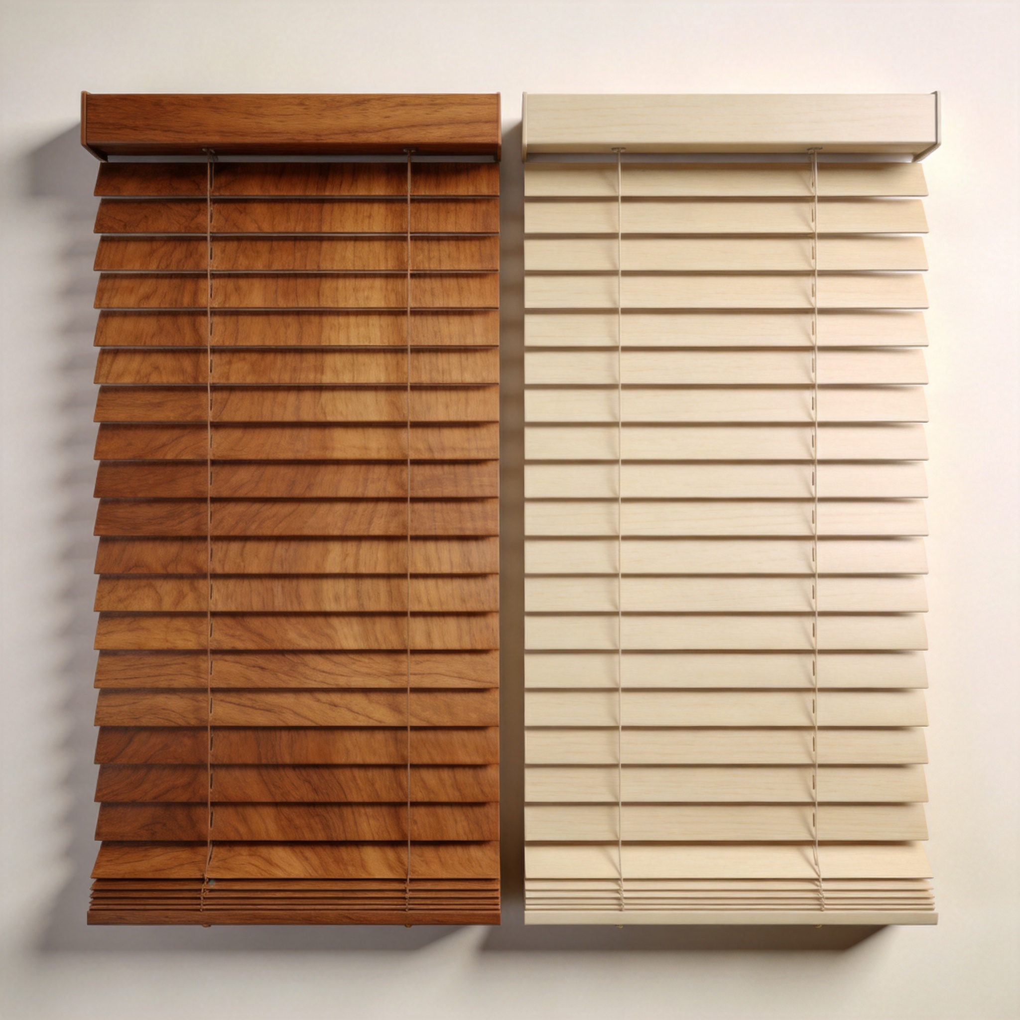 Side-by-side comparison of real wood and faux wood blinds