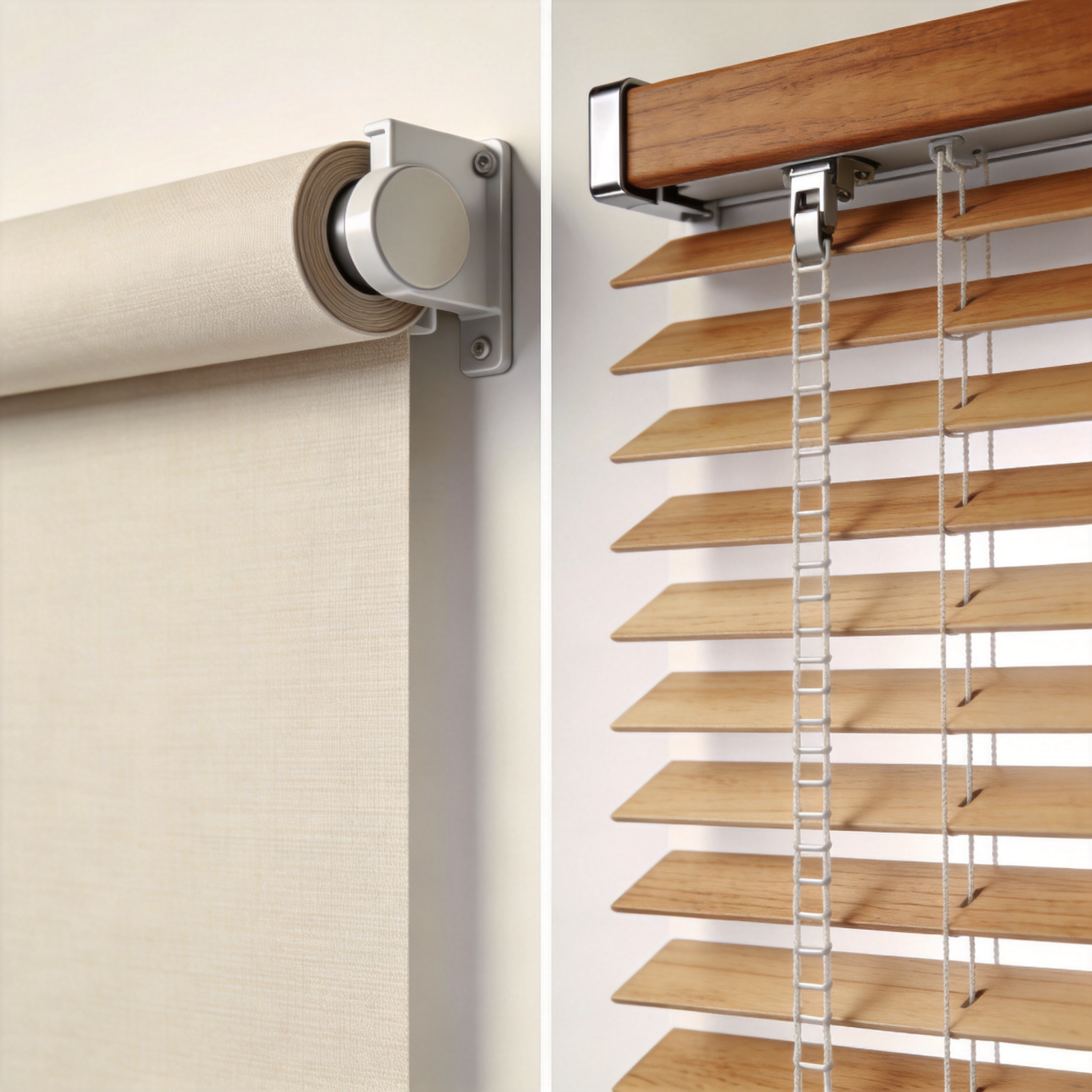 Roller blinds and wooden blinds side by side