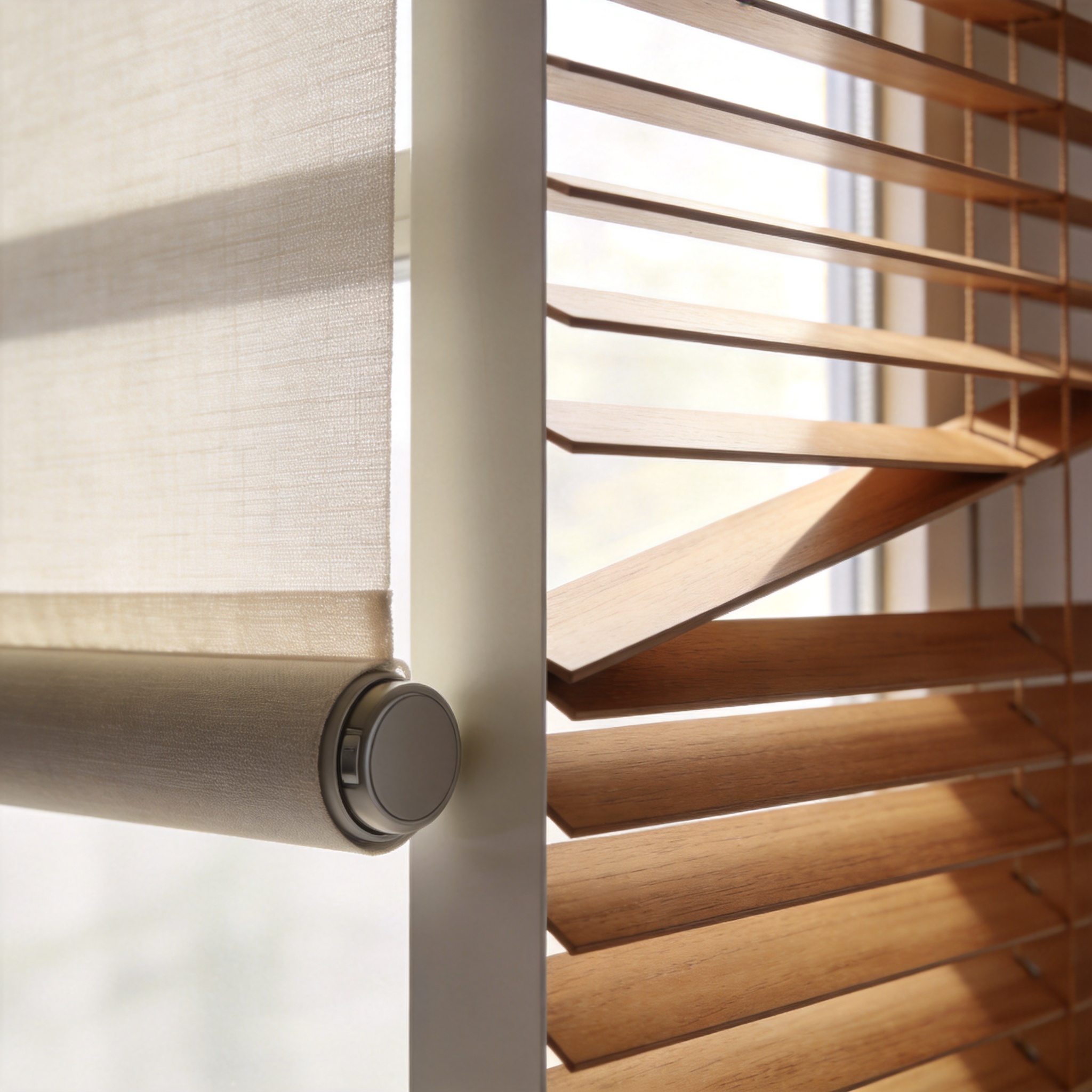 Comparison of light filtering through roller and wooden blinds