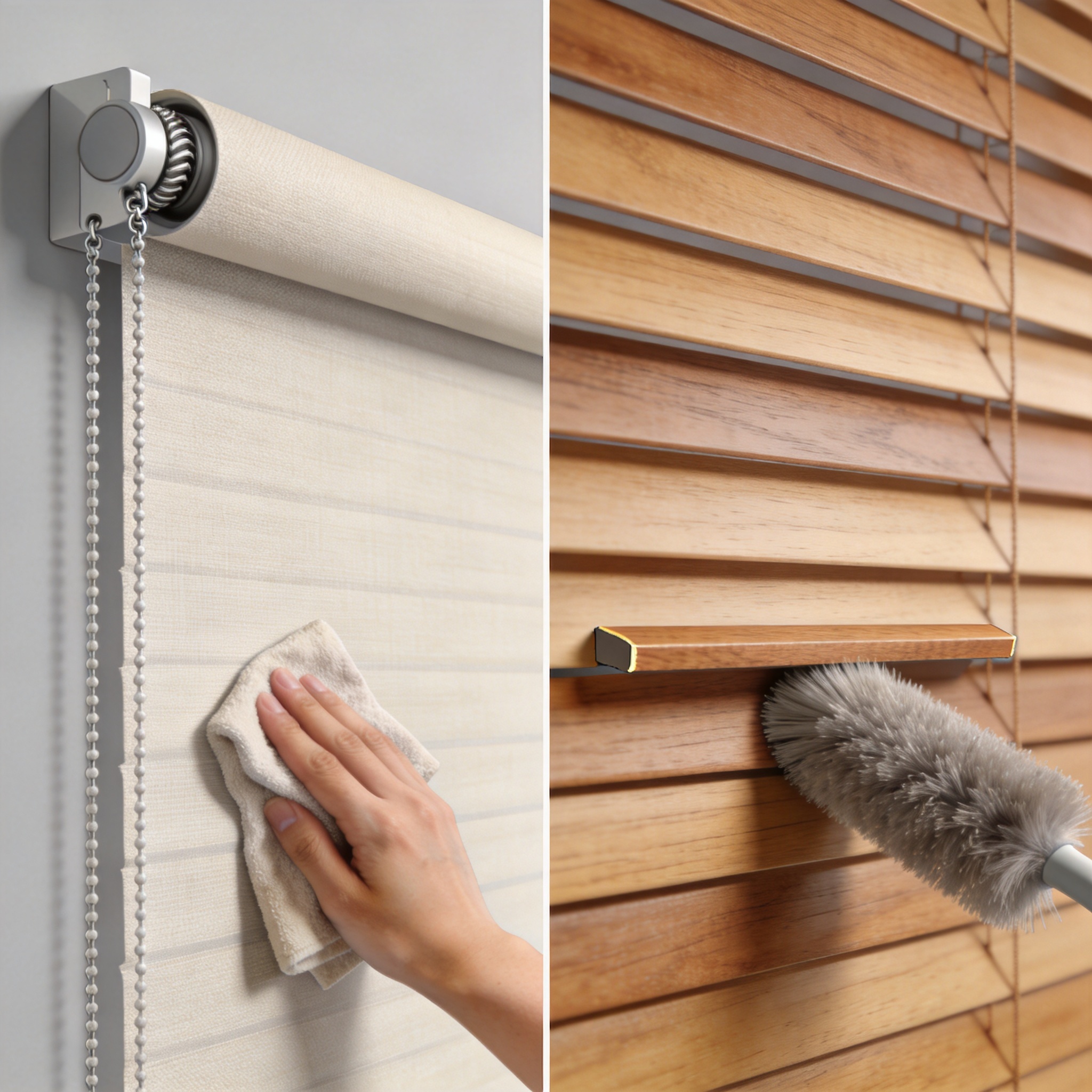 Close up of dust on wooden blind slats versus fabric roller blind