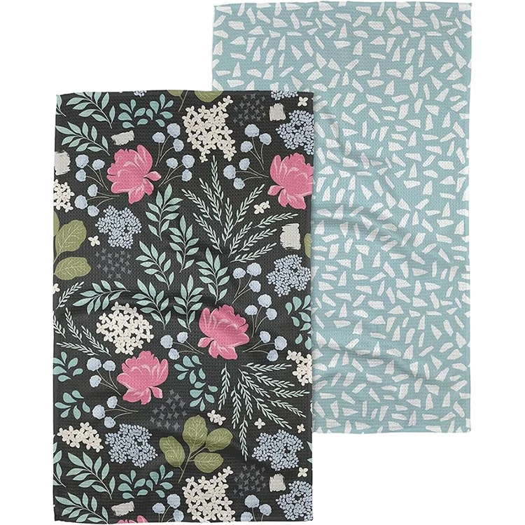 2 Pack Rectangle Microfiber Floral Kitchen Towels 18x26 Inch Soft Absorbent