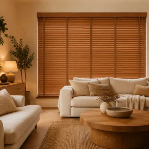 50mm Cordless Venetian Blinds Wood Grain Tilt Wand Custom Size B2B Wholesale