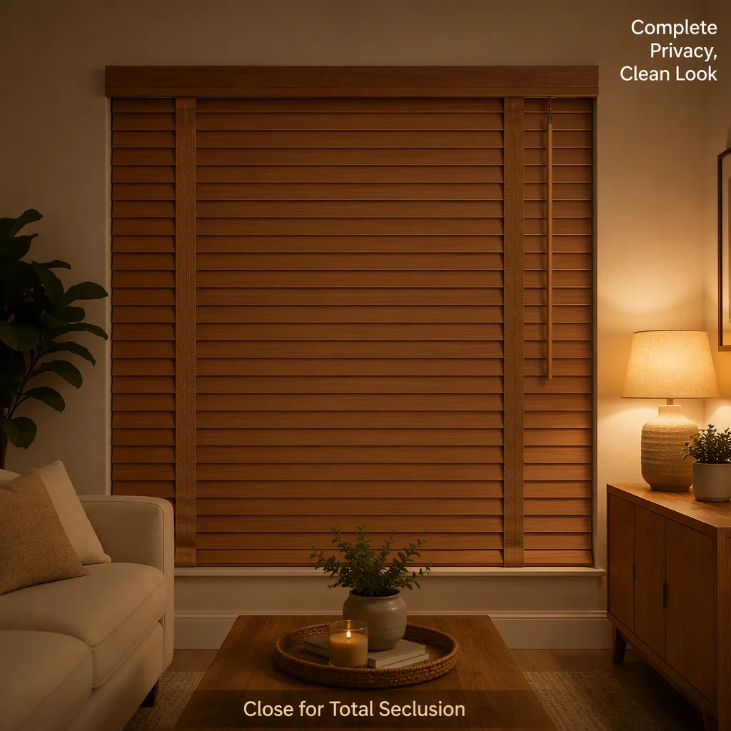 50mm Cordless Venetian Blinds Wood Grain Tilt Wand Custom Size B2B Wholesale - Image 2