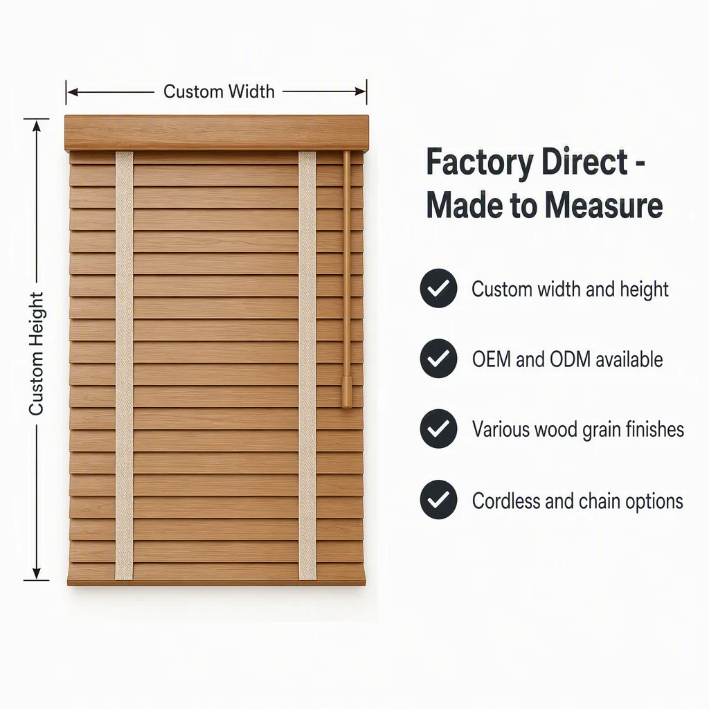 50mm Cordless Venetian Blinds Wood Grain Tilt Wand Custom Size B2B Wholesale - Image 5