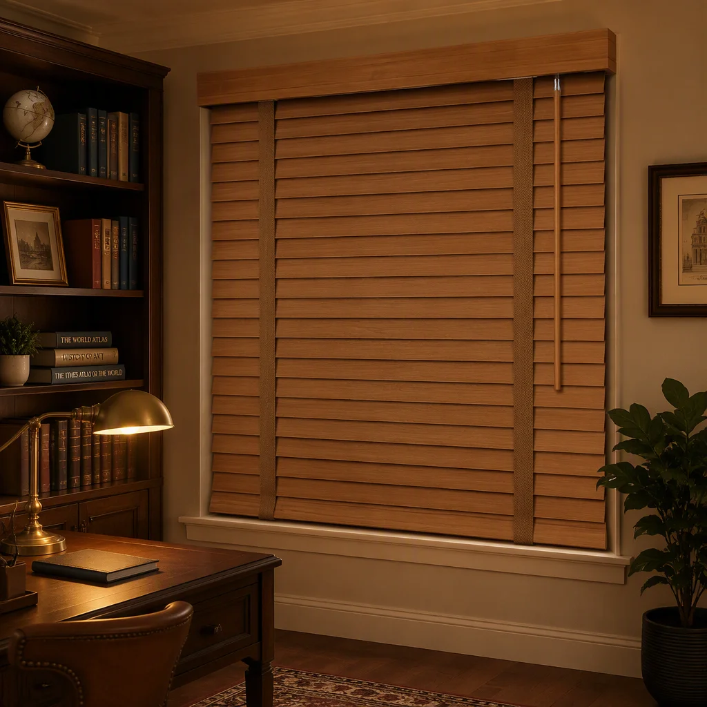 50mm Cordless Venetian Blinds Wood Grain Valance Tilt Wand Custom Size Study Room