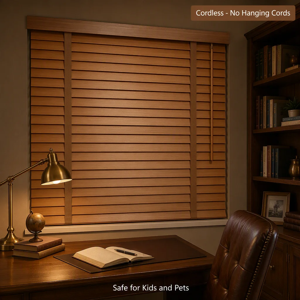 50mm Cordless Venetian Blinds Wood Grain Valance Tilt Wand Custom Size Study Room - Image 2