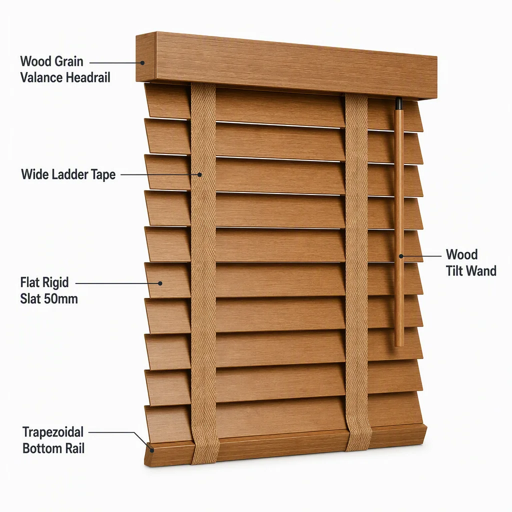 50mm Cordless Venetian Blinds Wood Grain Valance Tilt Wand Custom Size Study Room - Image 4