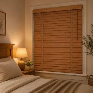 50mm Cordless Wood Grain Venetian Blinds Wide Ladder Tape No Lift Cord Custom Size