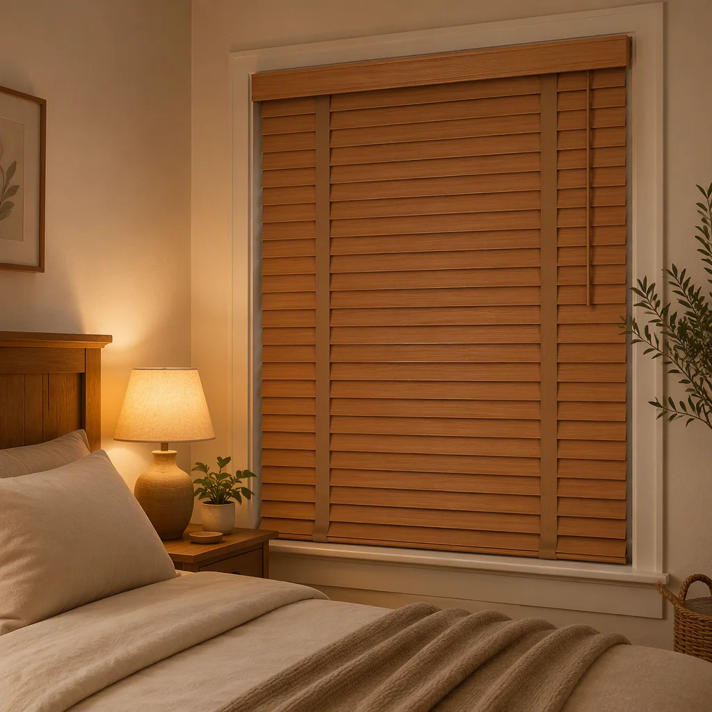 50mm Cordless Wood Grain Venetian Blinds Wide Ladder Tape No Lift Cord Custom Size