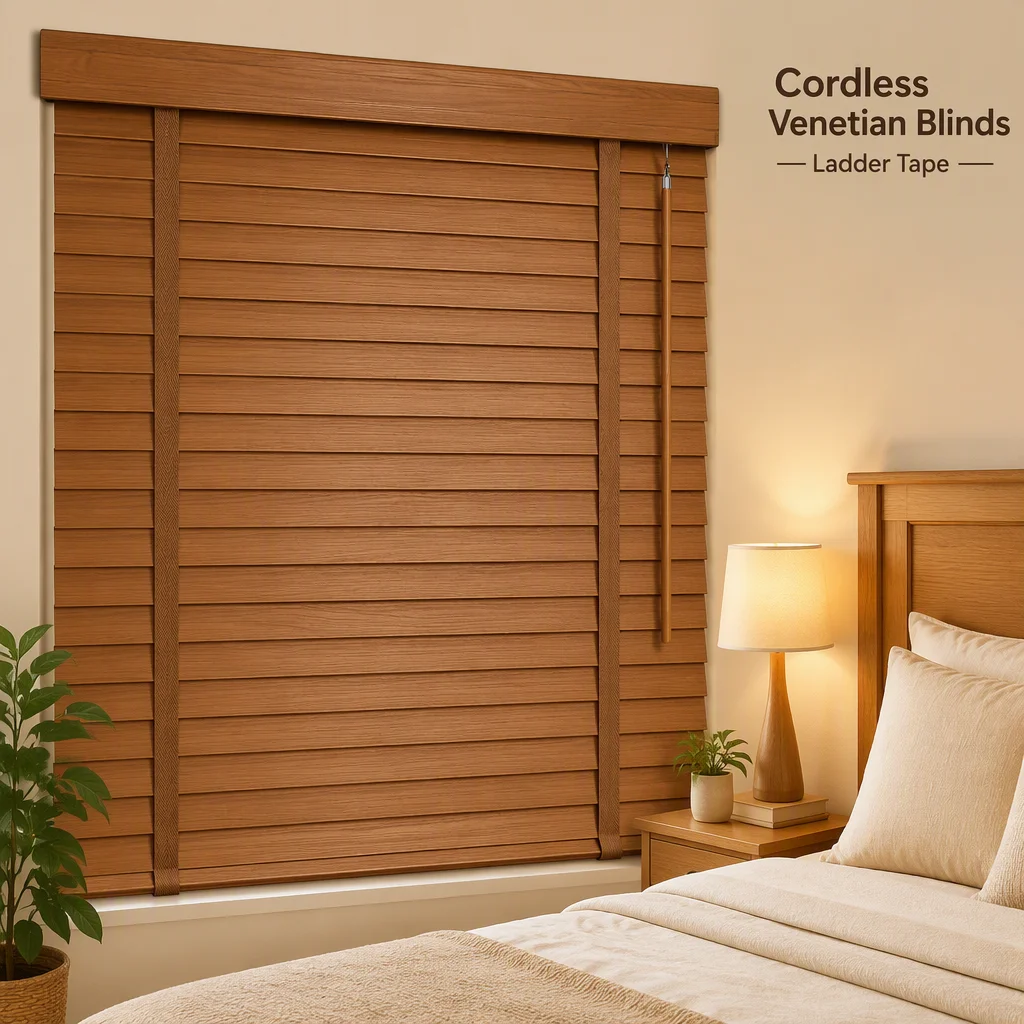 50mm Cordless Wood Grain Venetian Blinds Wide Ladder Tape No Lift Cord Custom Size - Image 2