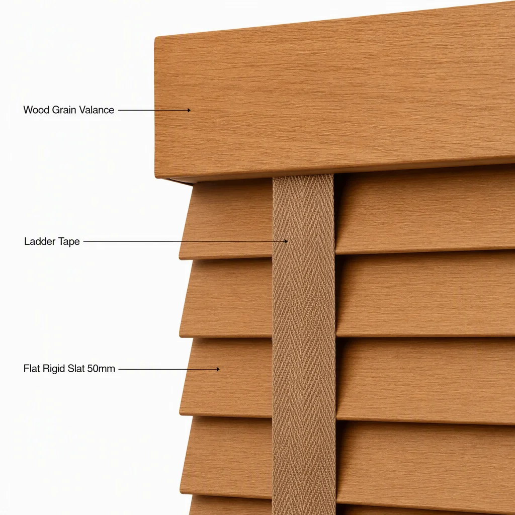 50mm Cordless Wood Grain Venetian Blinds Wide Ladder Tape No Lift Cord Custom Size - Image 4