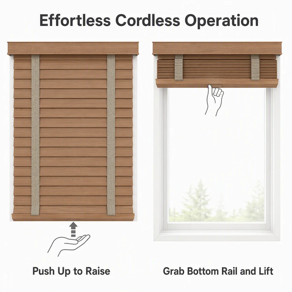50mm Cordless Wood Grain Venetian Blinds Wide Ladder Tape No Lift Cord Custom Size - Image 6