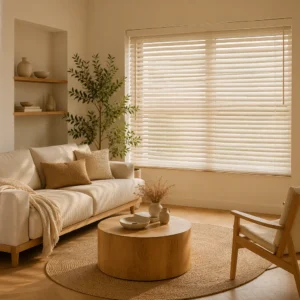 50mm Cream Solid Wood Venetian Blinds Tilt Wand Ladder String Light Filter Custom Size B2B