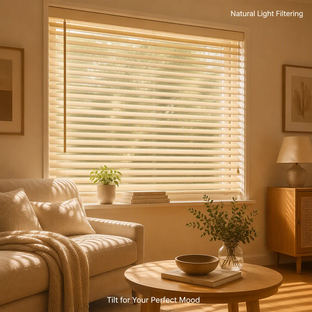 50mm Cream Solid Wood Venetian Blinds Tilt Wand Ladder String Light Filter Custom Size B2B - Image 2