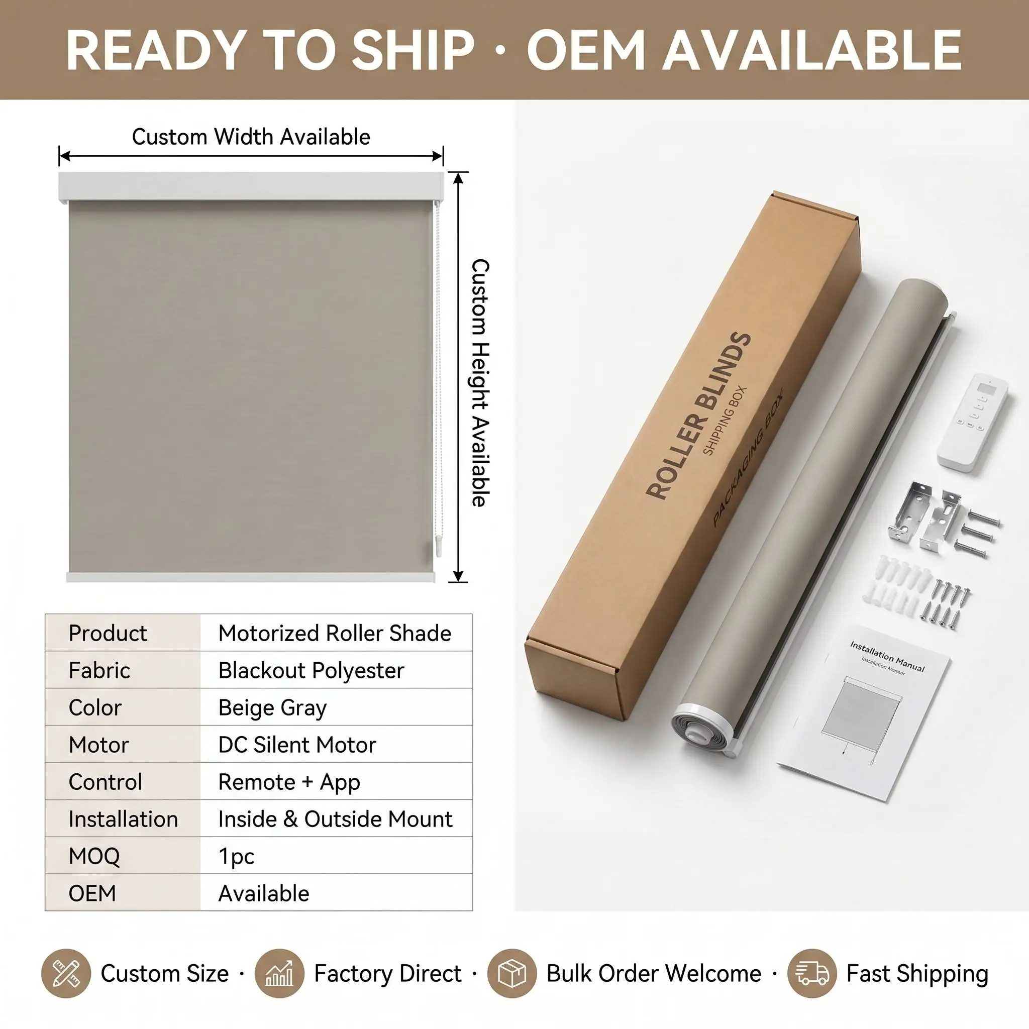A-OK Motorized Roller Blind Blackout Shade Polyester Custom Size Eco-Friendly - Image 6