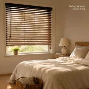 Aulownia Wood Venetian Blinds Ladder String Bedroom Soft Light Cord Control Black Headrail