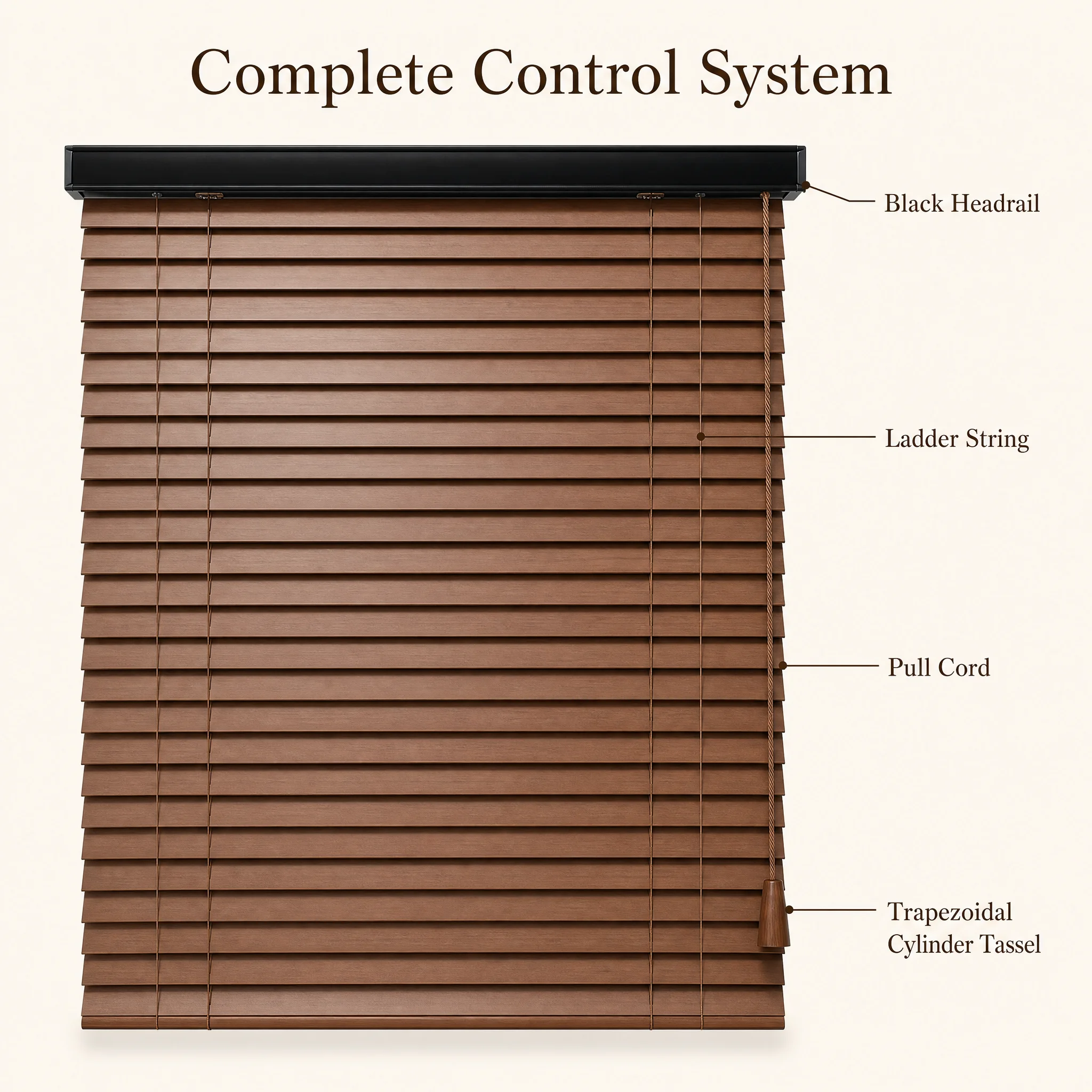 Aulownia Wood Venetian Blinds Ladder String Bedroom Soft Light Cord Control Black Headrail - Image 2