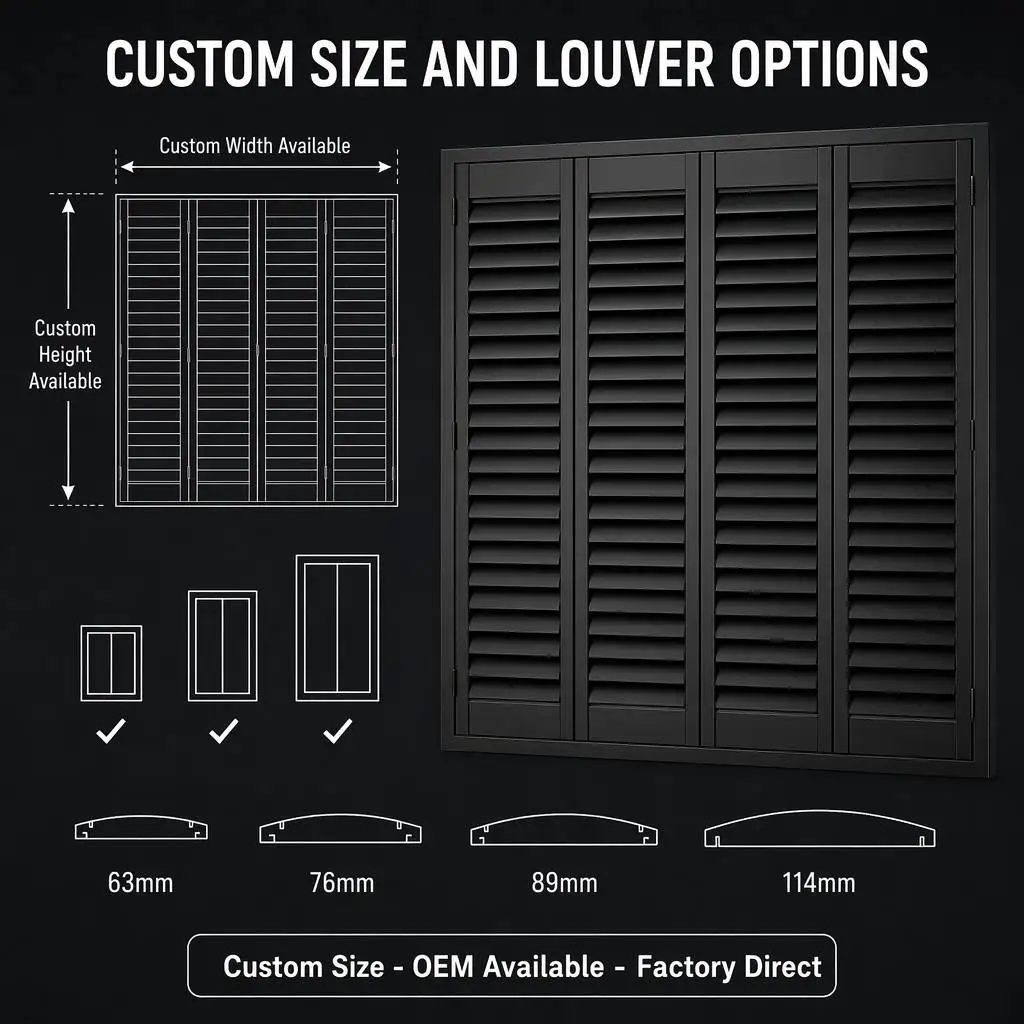 Black Eco-Friendly Plantation Shutter 89mm Adjustable Louver Full Height Folding Panel Custom OEM - Image 5