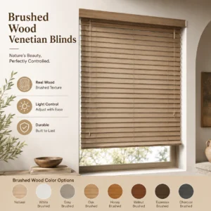 Brushed Bamboo Wood Venetian Blinds Smooth Cord Control Built-In UV Blocking