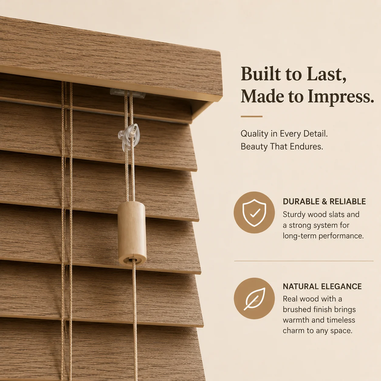 Brushed Bamboo Wood Venetian Blinds Smooth Cord Control Built-In UV Blocking - Image 3