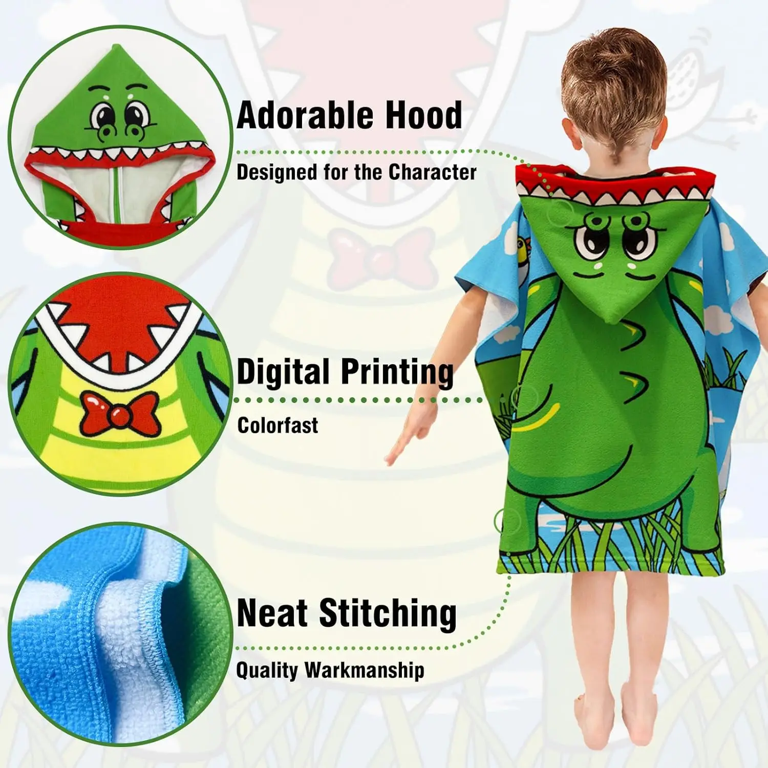 Bulk Wholesale Fast Drying Hooded Beach Poncho-High Absorbency Microfiber Animal Print Compact Foldable Absorbent Child-Proof - Image 4