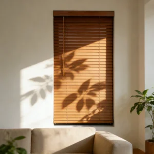 Cordless Built-in Wooden Venetian Blinds Eco-Friendly Natural Wood Handmade UV Blocking Customizable Window Treatment