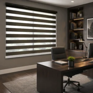 Cordless Day Night Zebra Shades Dark Olive Brown Square Headrail Light Filtering Custom
