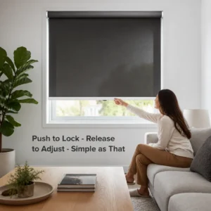 Cordless Roller Shades Dark Charcoal Gray Polyester Arc Headrail Custom Size OEM