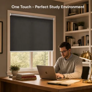 Cordless Roller Shades Dark Gray Woven Fabric Arc Headrail Push Latch Semi-Blackout Custom Size Home Office Factory Direct