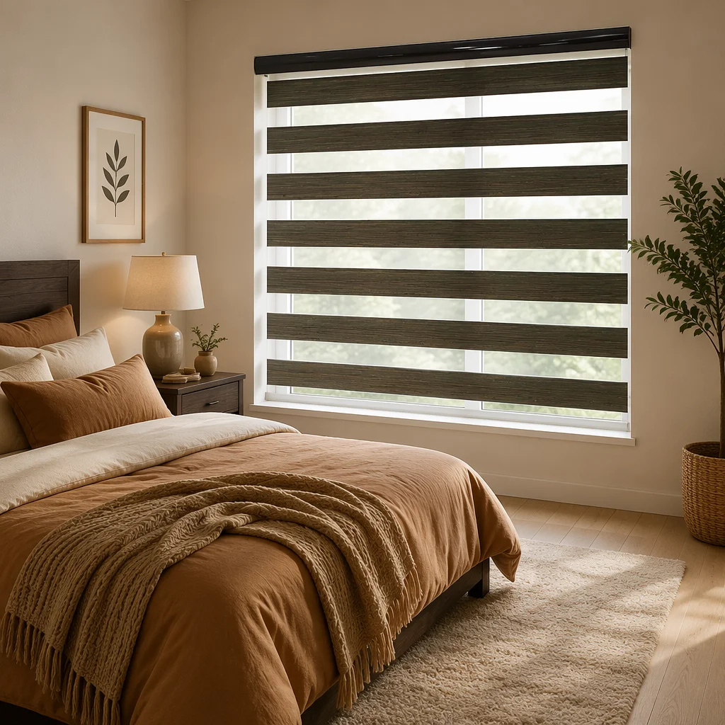 Cordless Zebra Shades Child Safe No Chain Dual Layer Dark Brown Sheer Blackout Custom Size UV Protection