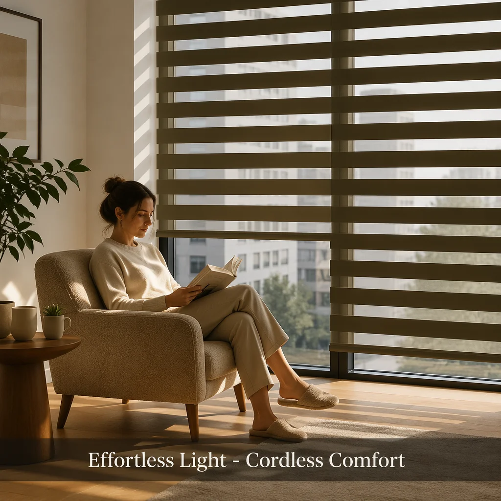 Cordless Zebra Shades Child Safe No Chain Dual Layer Dark Brown Sheer Blackout Custom Size UV Protection - Image 3