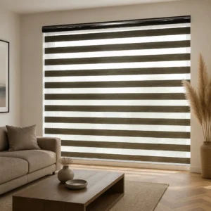 Cordless Zebra Shades Dark Olive Brown Dual Layer Fabric Custom Size Headrail