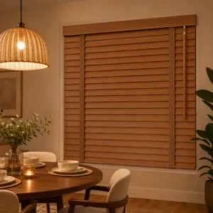 Custom 50mm Cordless Venetian Blinds Wood Grain Valance Tilt Wand OEM Wholesale