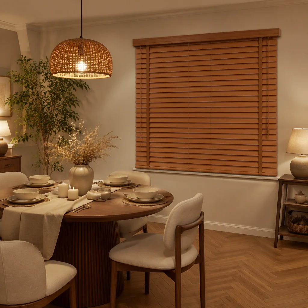 Custom 50mm Cordless Venetian Blinds Wood Grain Valance Tilt Wand OEM Wholesale - Image 2
