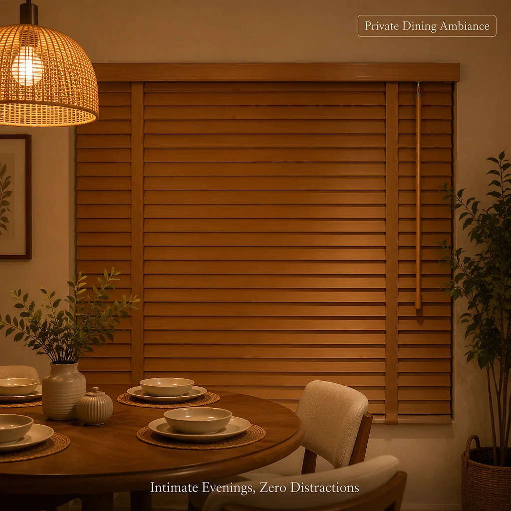 Custom 50mm Cordless Venetian Blinds Wood Grain Valance Tilt Wand OEM Wholesale - Image 3