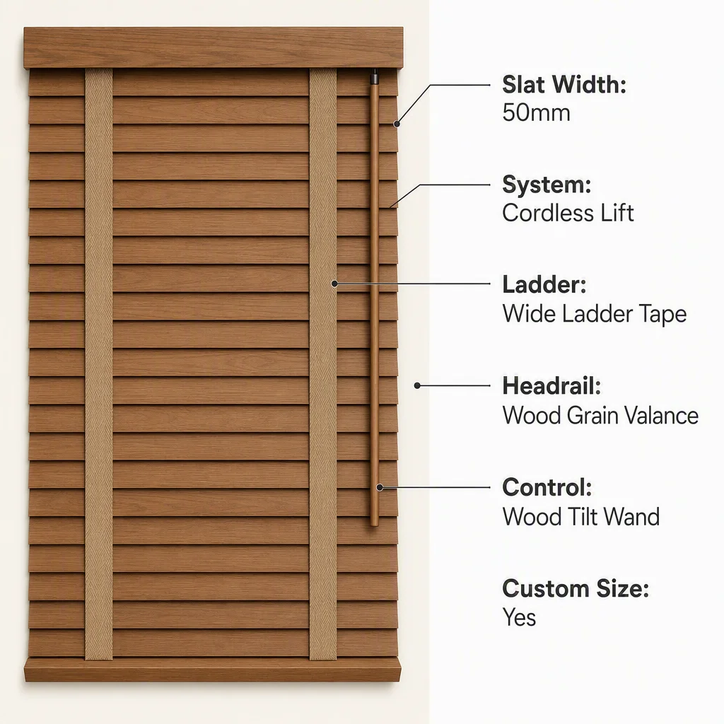 Custom 50mm Cordless Venetian Blinds Wood Grain Valance Tilt Wand OEM Wholesale - Image 4