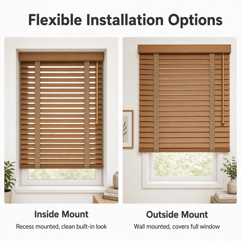 Custom 50mm Cordless Venetian Blinds Wood Grain Valance Tilt Wand OEM Wholesale - Image 5