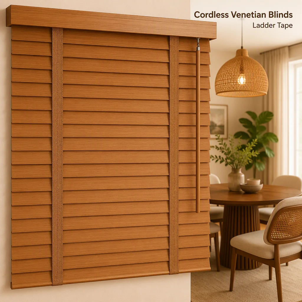 Custom 50mm Cordless Venetian Blinds Wood Grain Valance Tilt Wand OEM Wholesale - Image 6