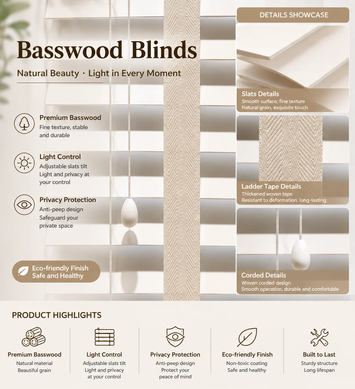 Custom Basswood Venetian Blinds Wooden Slats Window Shades for Home Office - Image 4
